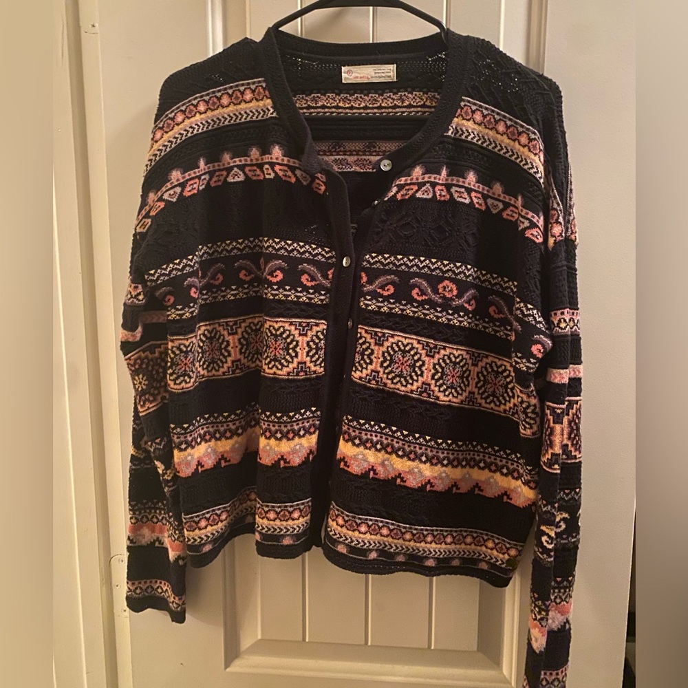 Odd Molly Black and Pink Fair Isle Cardigan Sweater